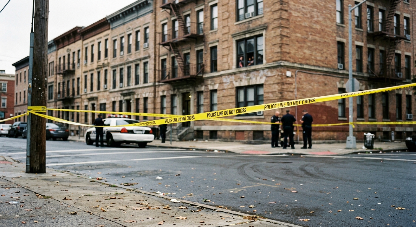 yellow police tape cordoning off an urban residential street corner with historic brick buildings in the background and an out-of-focus police vehicle, natural