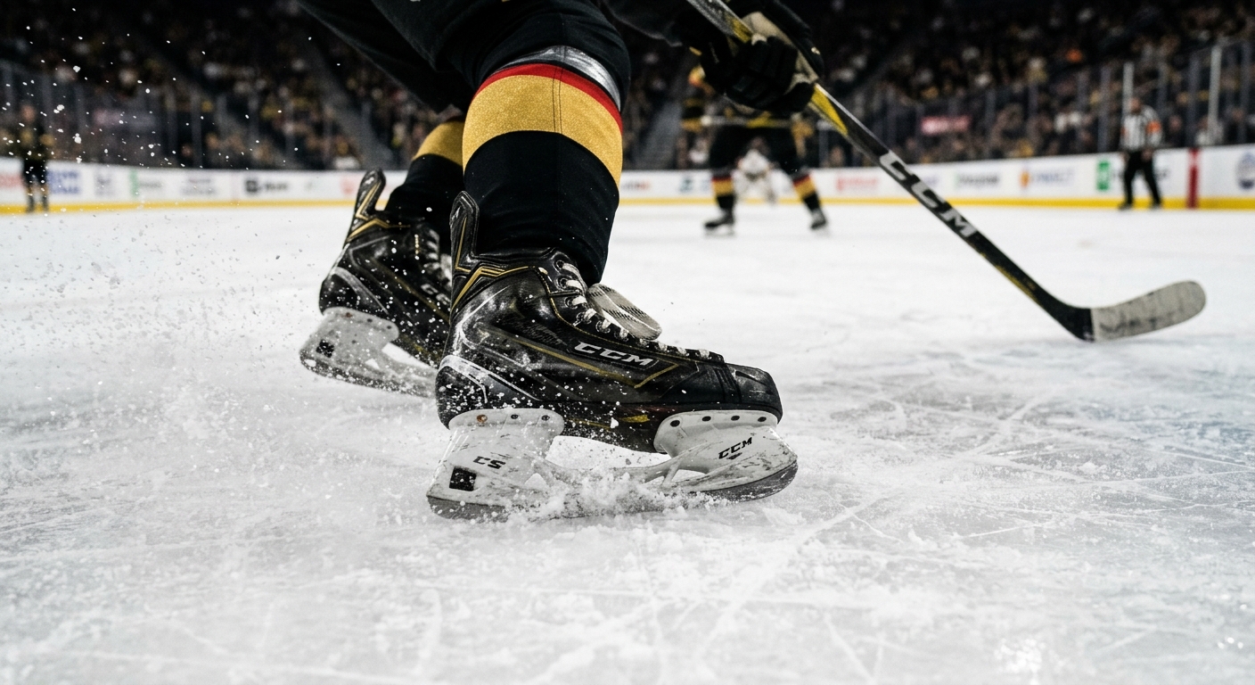 a close-up of hockey skates carving sharply into scuffed white ice, sending a spray of ice chips into the air, with a blurred black and gold hockey stick in the