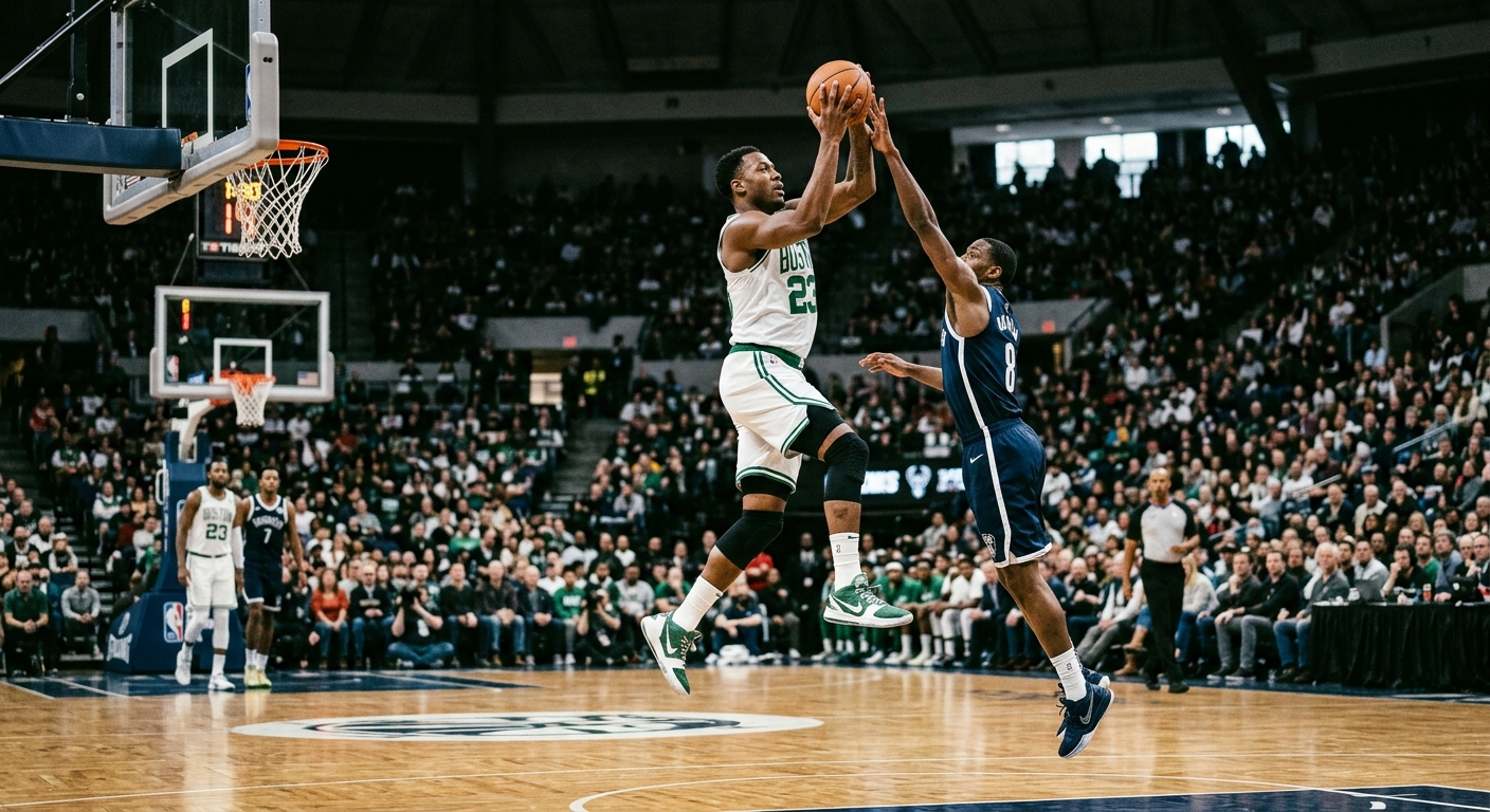 a professional basketball player in a green and white uniform leaping to grab a rebound over an opponent on a classic parquet wood court inside a large indoor s