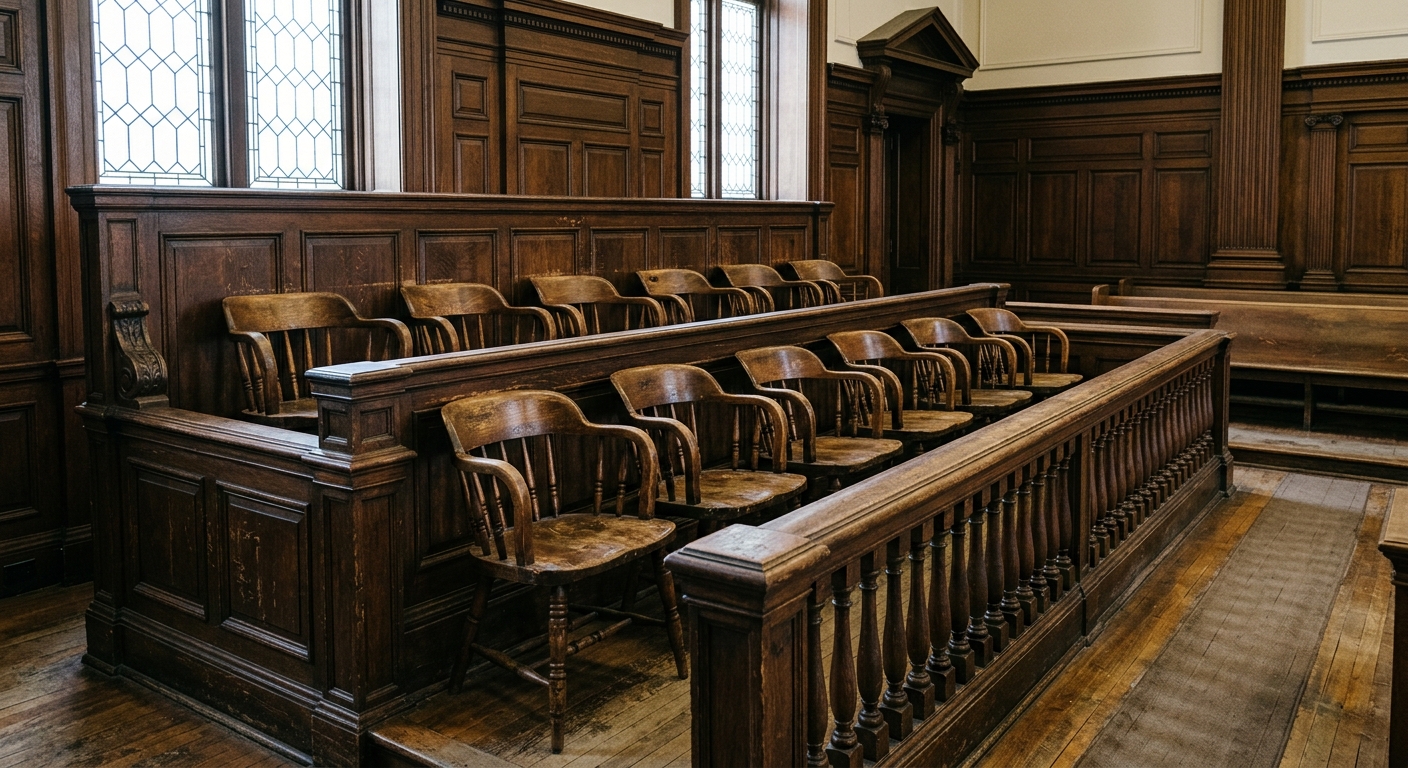 an empty jury box with worn wooden chairs and a railing inside a traditional, wood-paneled courtroom typical of historic Massachusetts civic buildings, natural