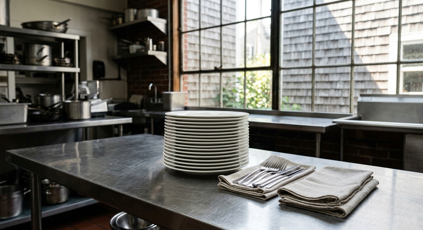 a neat stack of white ceramic catering plates, polished silverware, and folded linen napkins resting on a stainless steel prep table in an empty commercial kitc