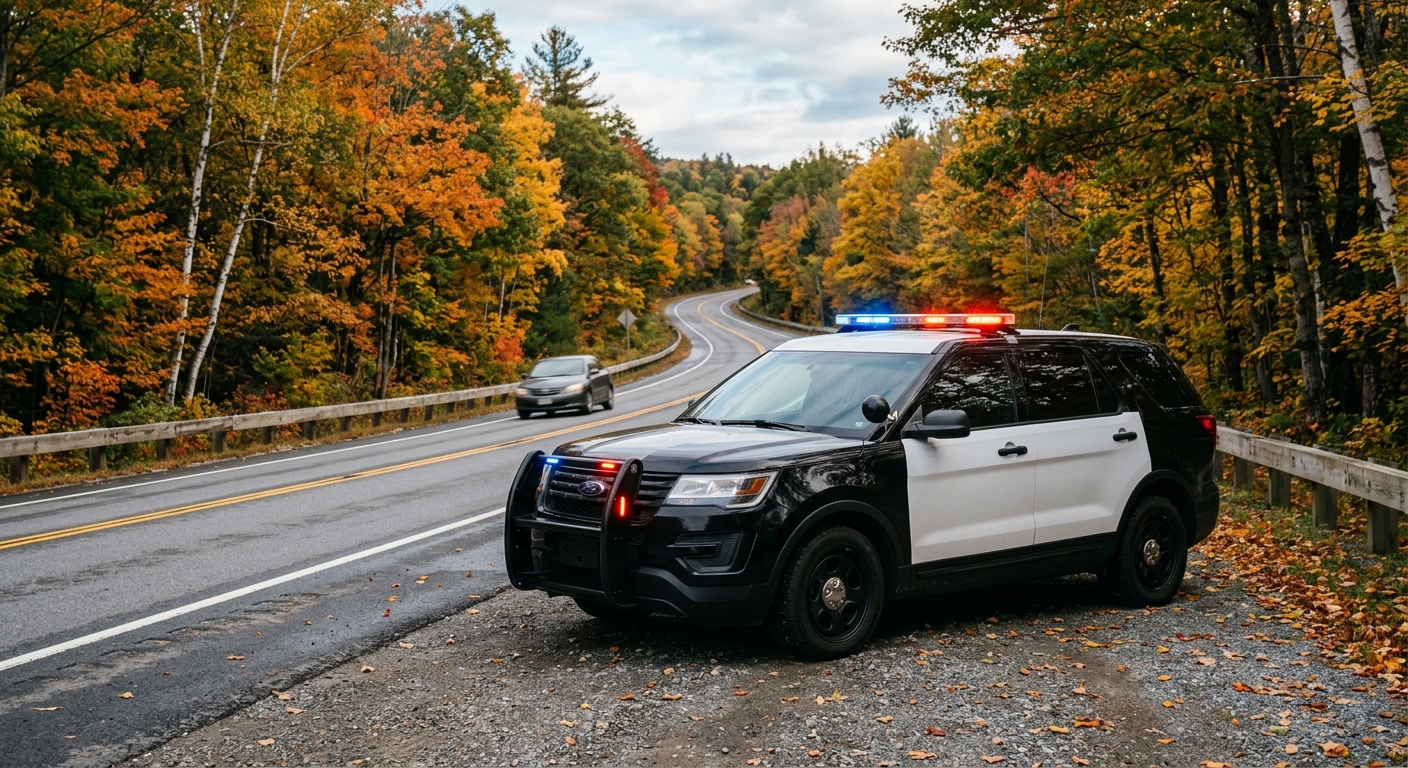 a generic police cruiser with flashing lights parked on the shoulder of a rural, tree-lined New England highway, natural everyday lighting, shot on a DSLR camer