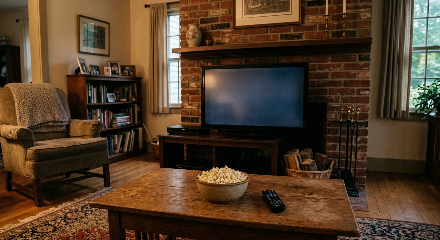a blank, softly glowing television screen in a traditional New England living room with a brick fireplace, a simple bowl of popcorn and a generic black remote c