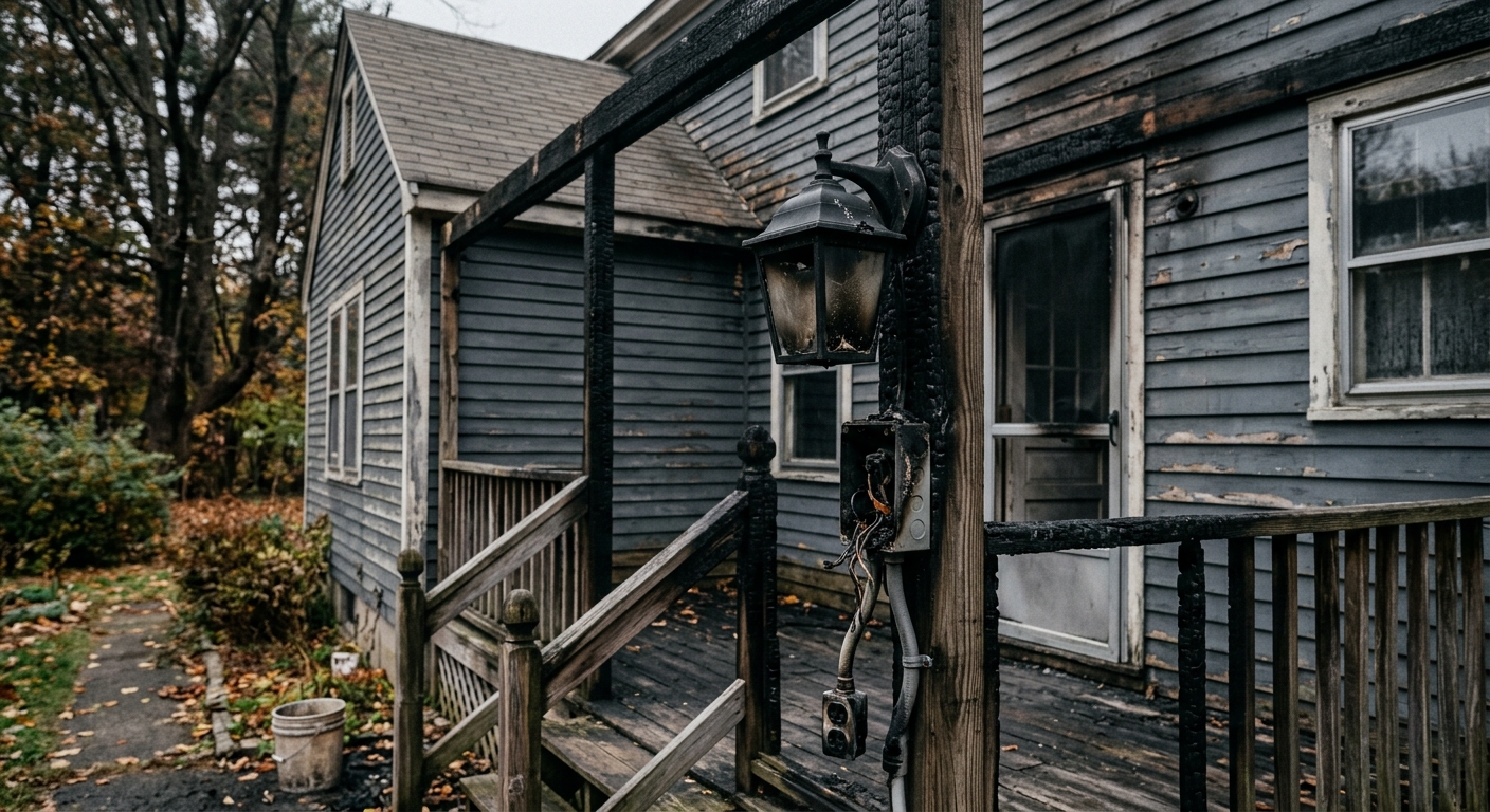 a slightly charred wooden rear porch on an older New England-style residential home, focusing on a damaged outdoor electrical fixture, overcast morning, natural