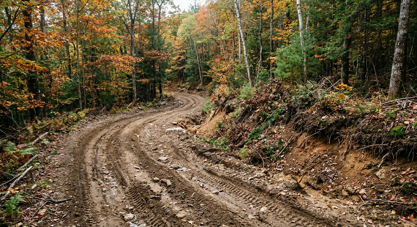 a rugged dirt off-highway vehicle trail curving through a dense New England forest, featuring deep tire tracks and a steep earthen ditch along the edge, natural