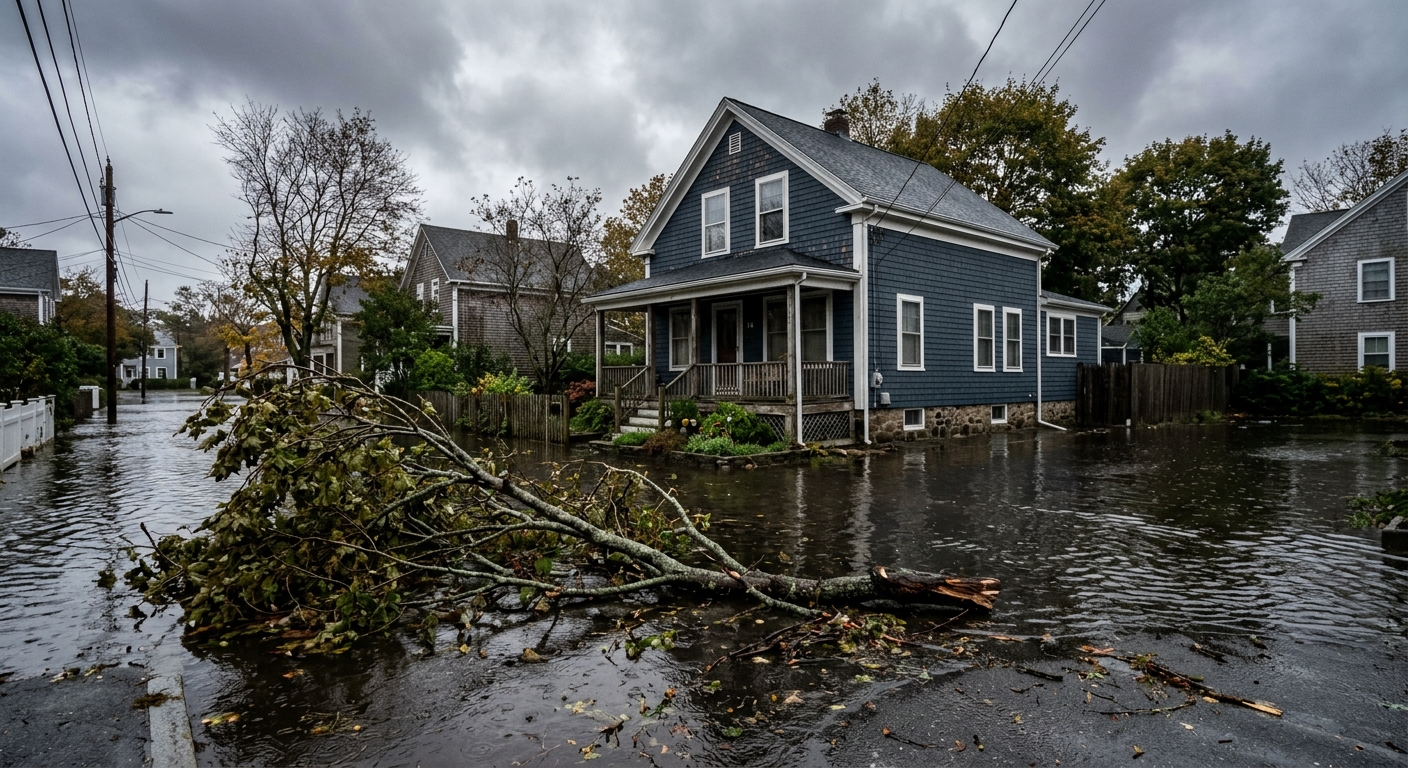 a flooded residential street in a New England coastal town, featuring a large fallen tree branch resting in murky water in front of a classic wooden clapboard h