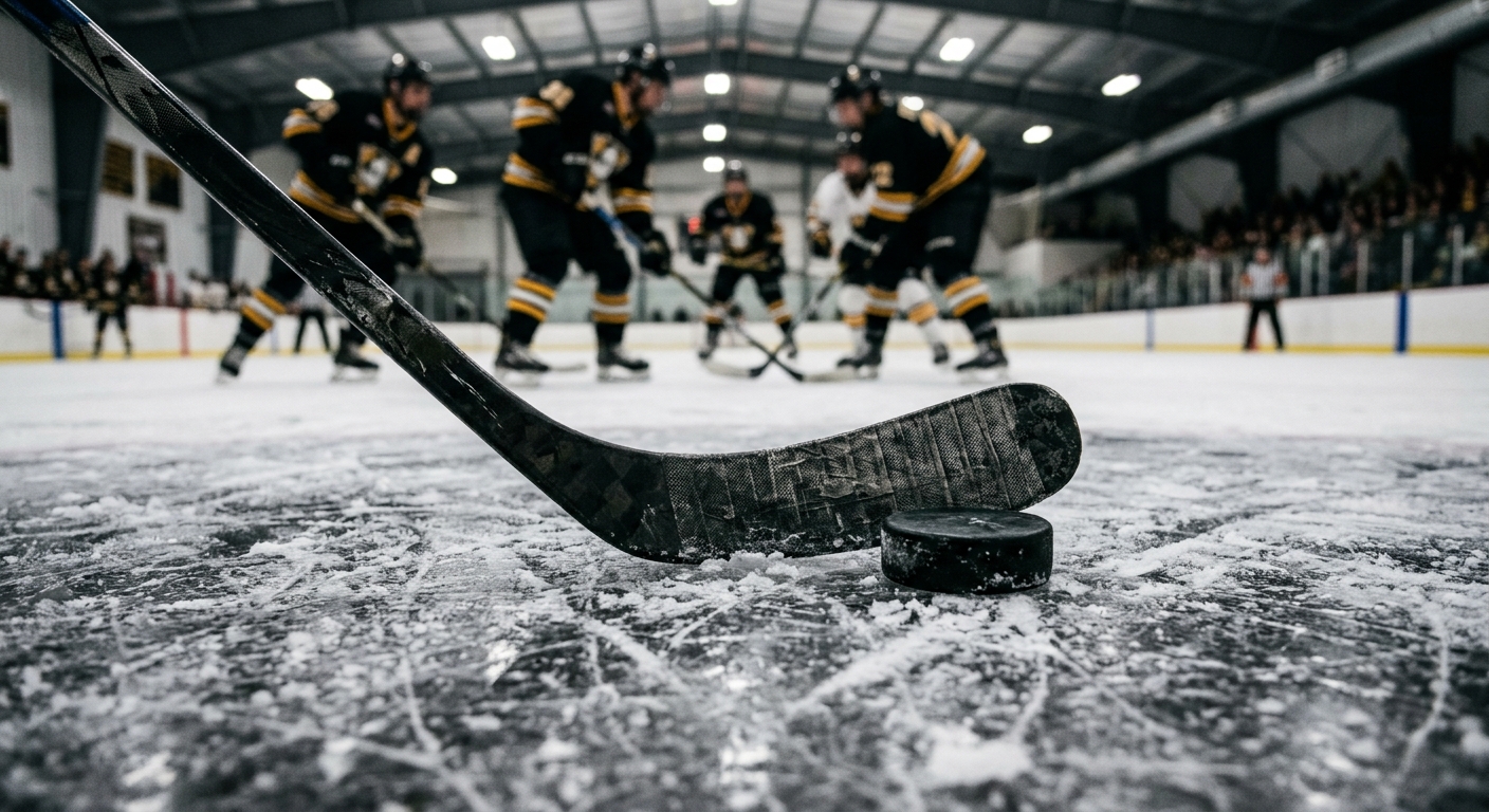 a close-up of a hockey stick and puck on heavily scratched ice, with blurred players in black and gold uniforms in the background of an indoor ice rink, natural