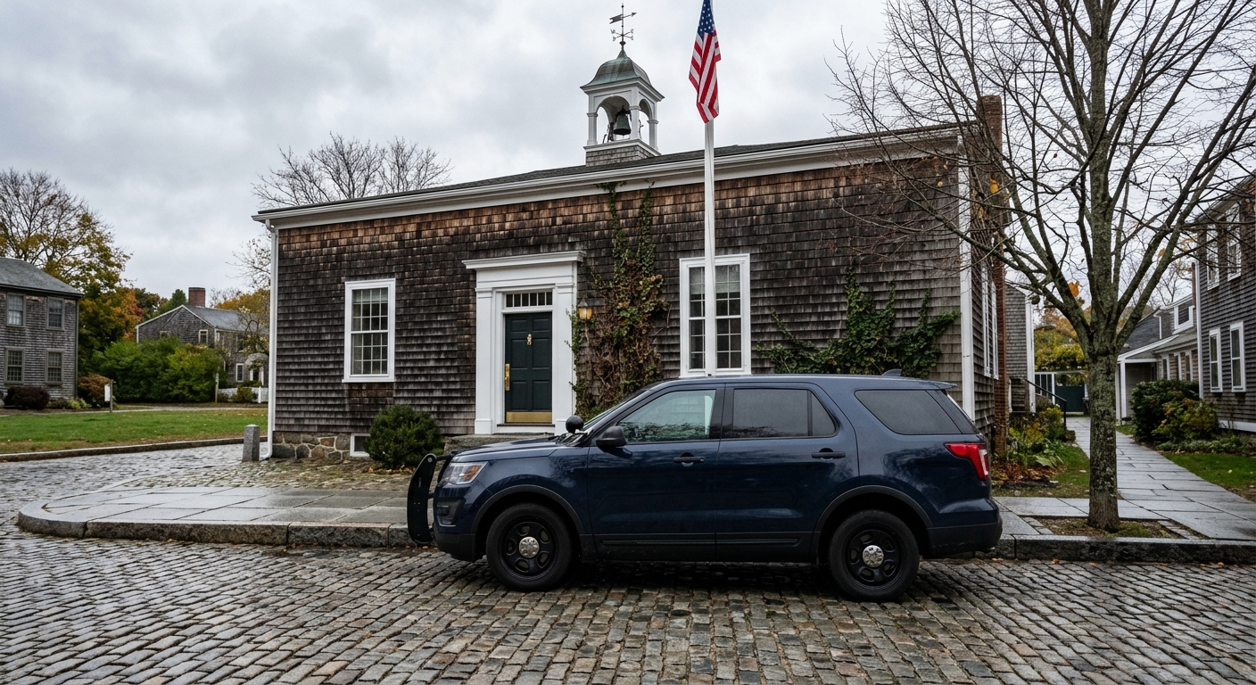 an unmarked law enforcement vehicle parked on a cobblestone street in front of a traditional cedar-shingled New England municipal building on an overcast day, n