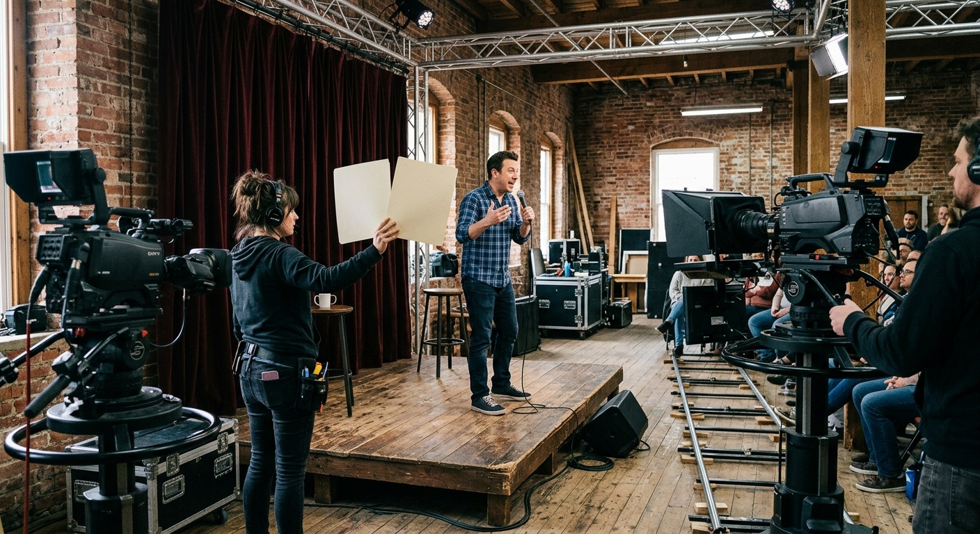 a television production set inside an old brick building, a male comedian in casual clothing performing a sketch on a small wooden stage while a crew member hol
