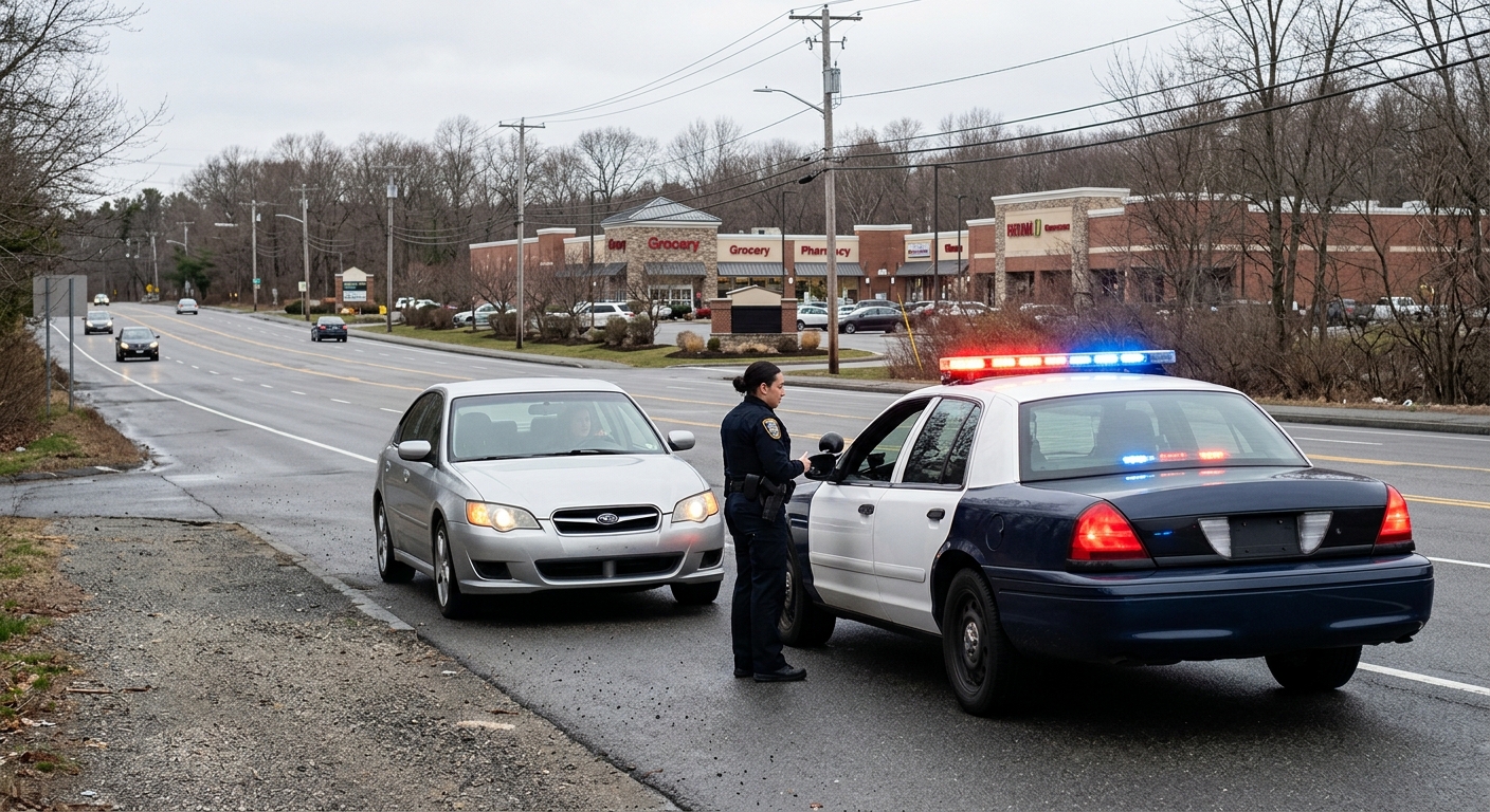 a parked police cruiser with its lights activated behind a stopped sedan on the side of an asphalt road, a typical New England retail shopping center and bare t