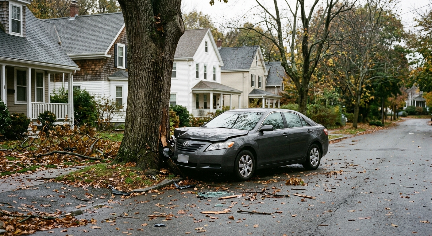 a damaged passenger car resting against a large street tree on an overcast residential road with classic New England houses in the background, fallen branches a