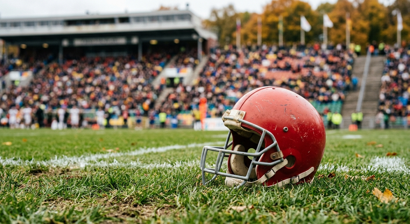 a vintage red American football helmet resting on the grassy sideline of a large open-air sports stadium, blurred spectator seating in the background on an autu