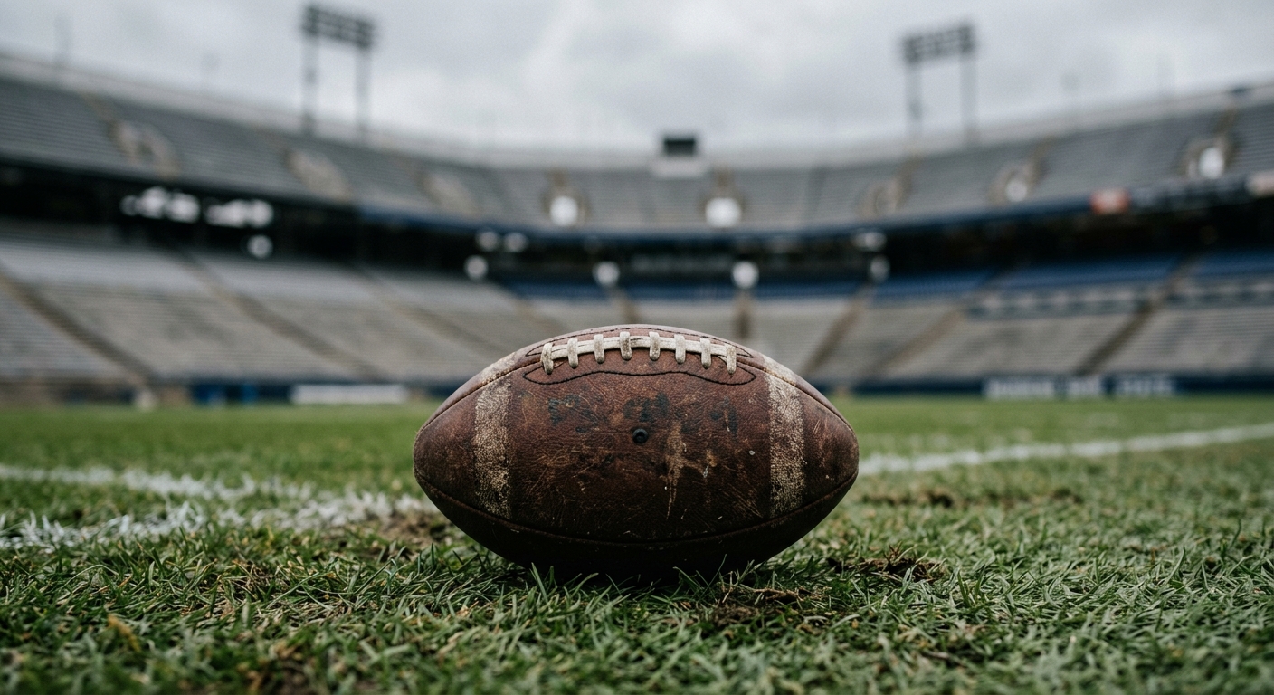 a worn leather American football resting on the green grass of a stadium field on a brisk, overcast autumn afternoon, with blurred bleachers in the background,