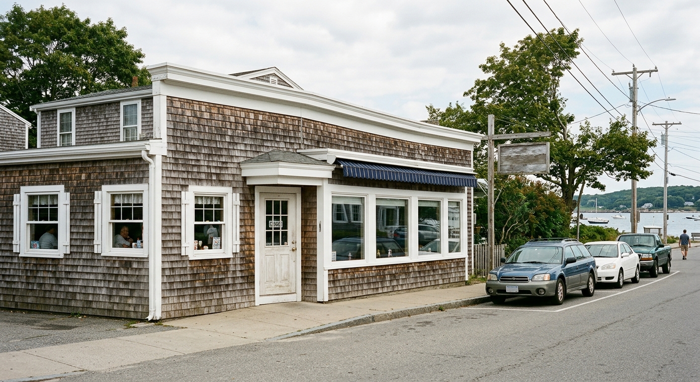a traditional New England diner exterior featuring weathered cedar shingles, white trim, and a simple glass front door, situated on a quiet coastal street with