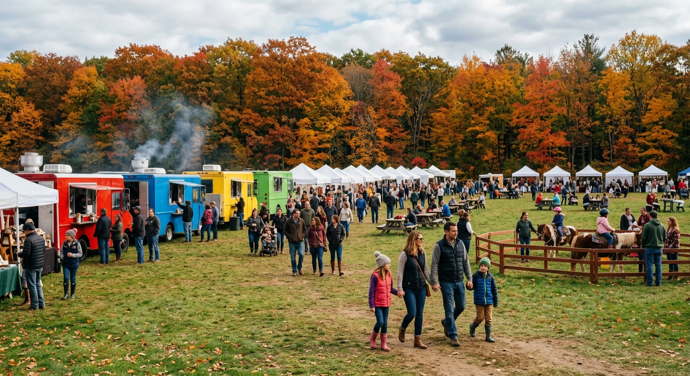 a bustling outdoor fall food festival in a grassy field surrounded by autumn trees, featuring several plain colorful food trucks and white craft vendor tents, f