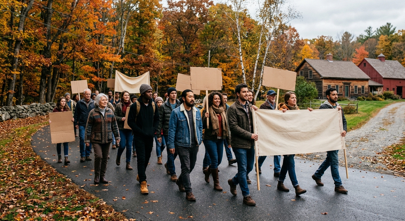 a diverse group of community members walking together along a paved road in New England lined with autumn foliage, carrying blank cardboard placards and simple
