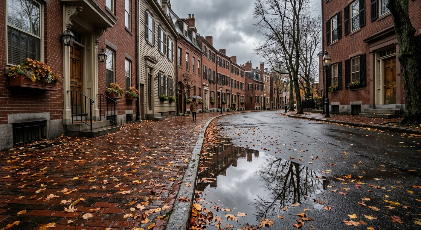 a wet brick sidewalk lined with historic townhouses under an overcast sky, scattered leaves on the damp pavement next to a puddle reflecting the grey clouds, re