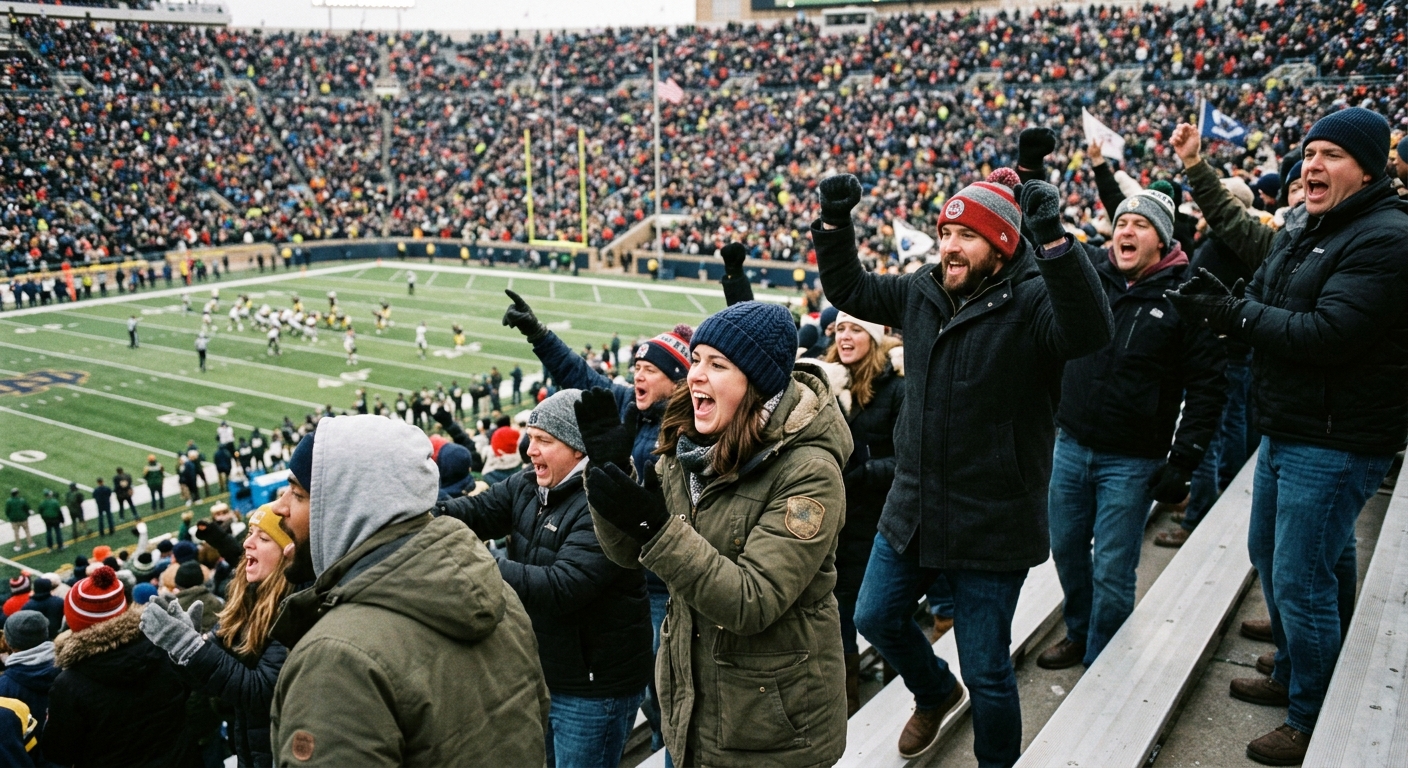 excited American football fans cheering in the stands of a large open-air stadium, wearing heavy winter coats and beanies in chilly autumn weather, with a blurr