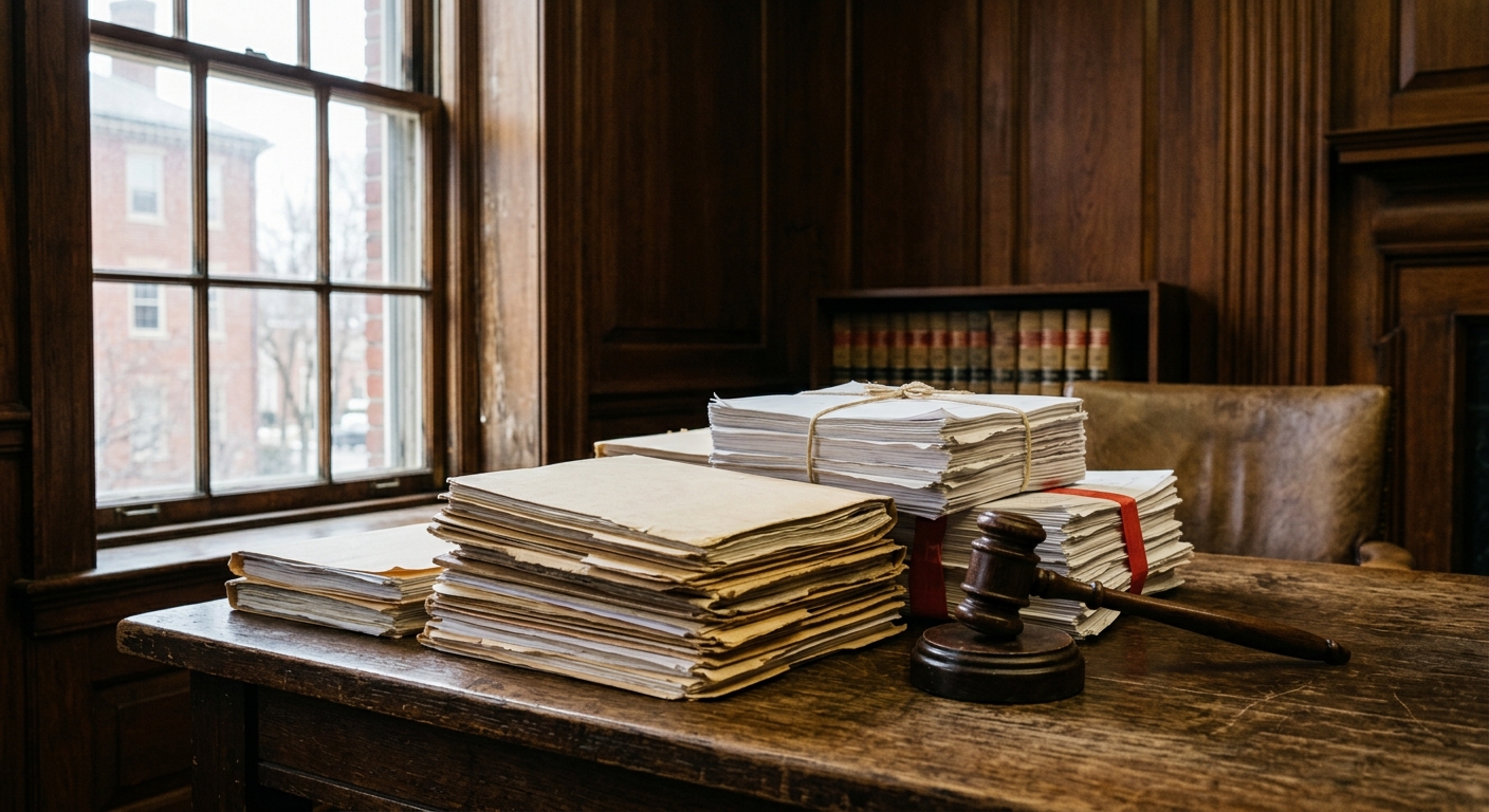 stacks of thick manila folders, white paper legal briefs, and a wooden gavel resting on an old oak table inside a room with traditional New England dark wood pa