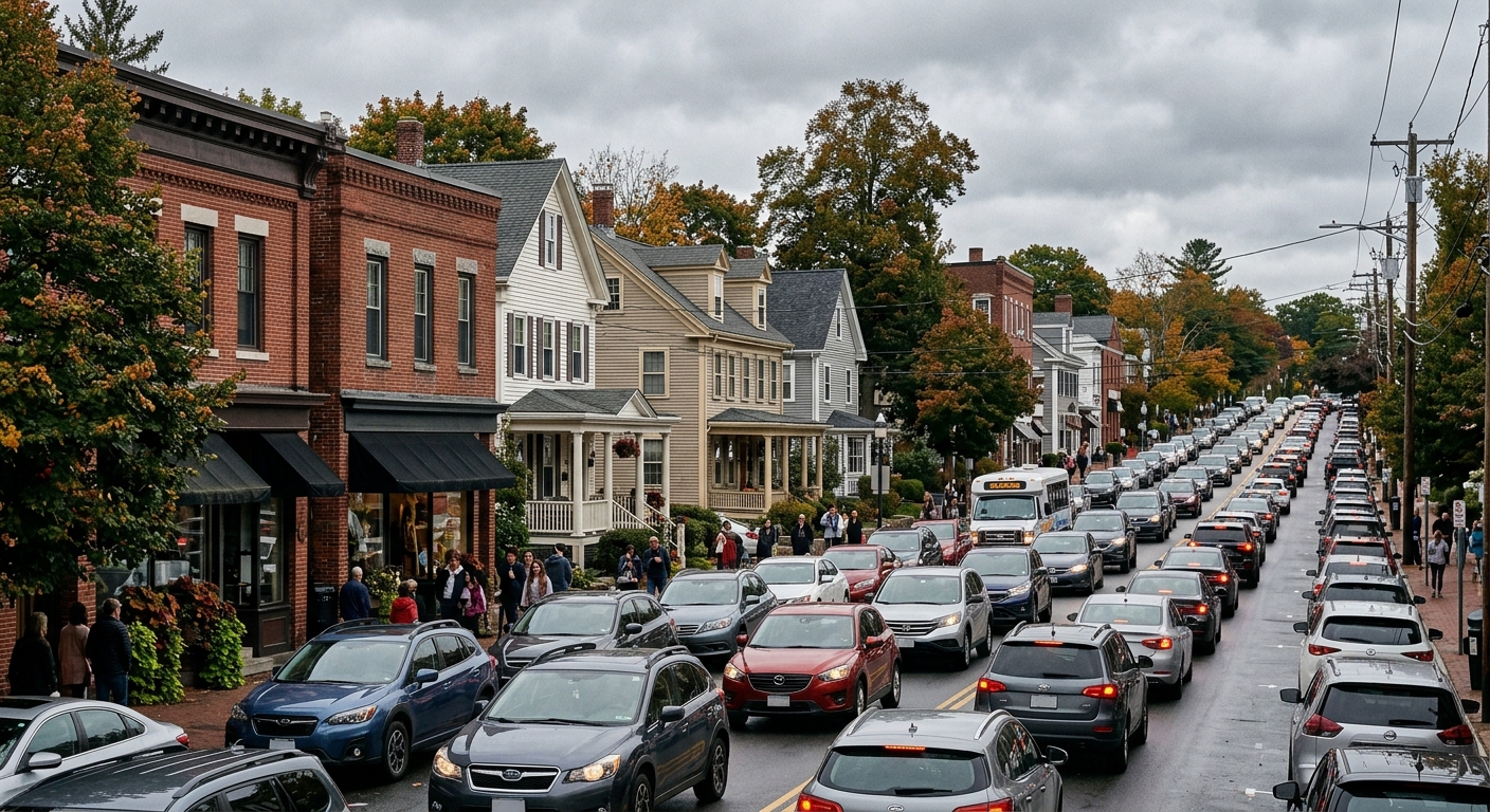 a congested main street in a historic New England suburb with a line of cars waiting in traffic, passing by brick storefronts and older wood-frame houses under