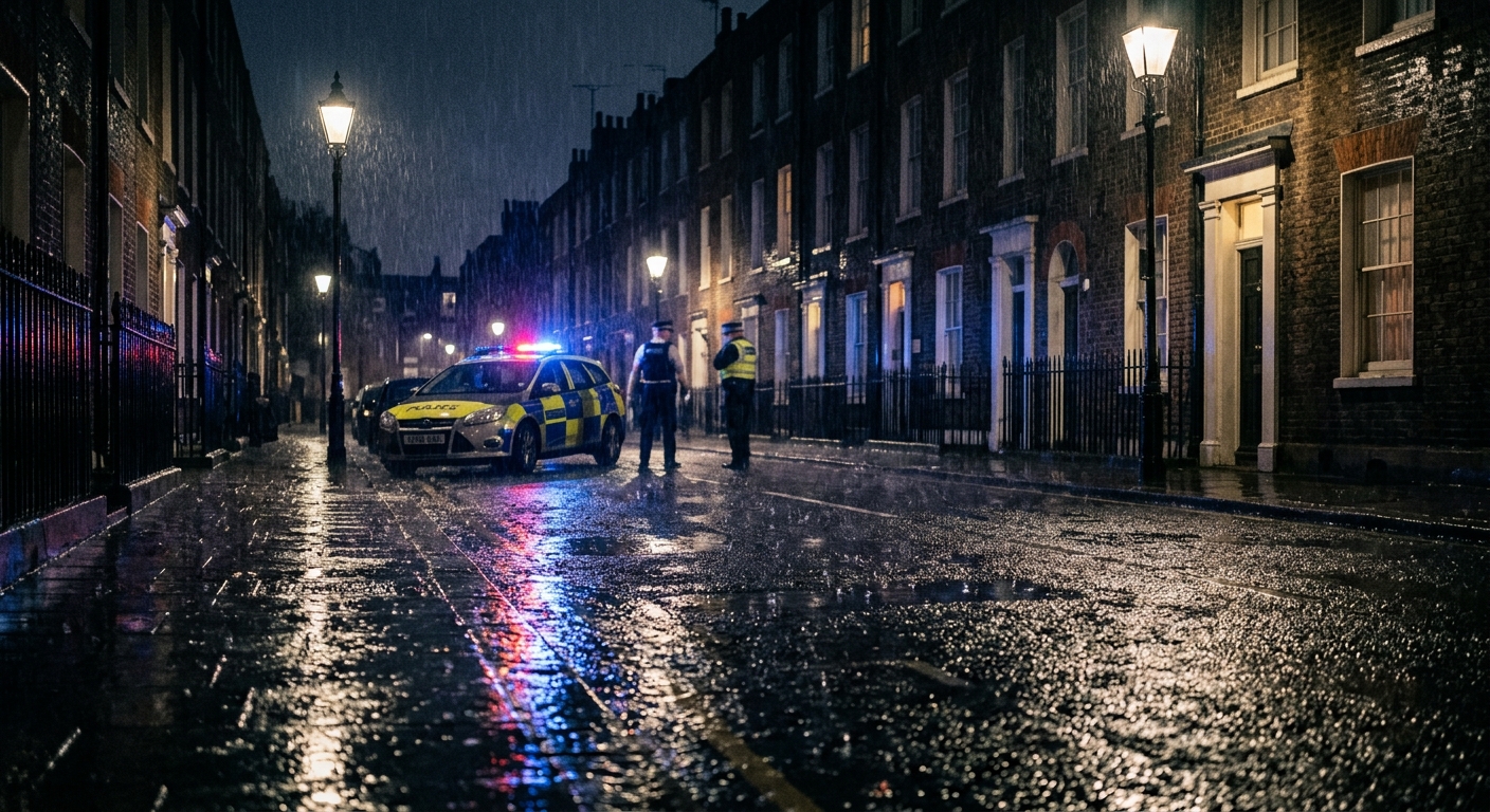 a wet city street during heavy rain in the evening, police cruiser lights reflecting off puddles on the dark asphalt, blurred figures of police officers standin
