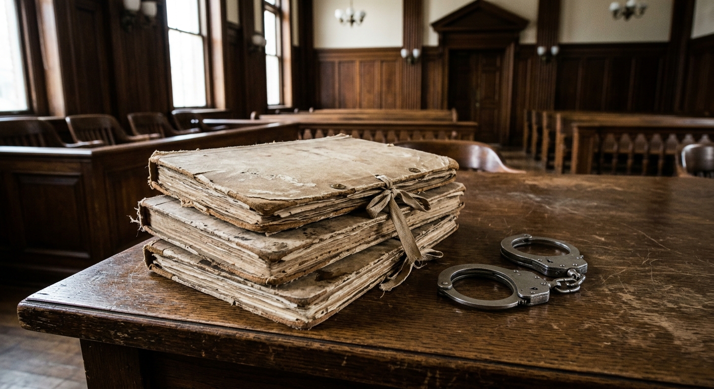 aged legal case folders and a pair of steel handcuffs resting on a heavy oak table inside a traditional wood-paneled courtroom, natural everyday lighting, shot