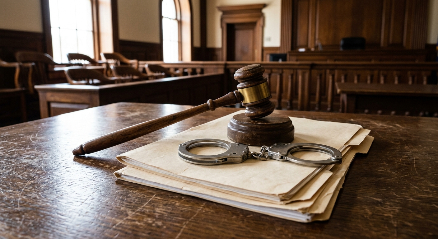 a heavy wooden judge's gavel resting next to a closed pair of metal handcuffs on top of a stack of blank manila legal folders on a scratched oak desk inside a t