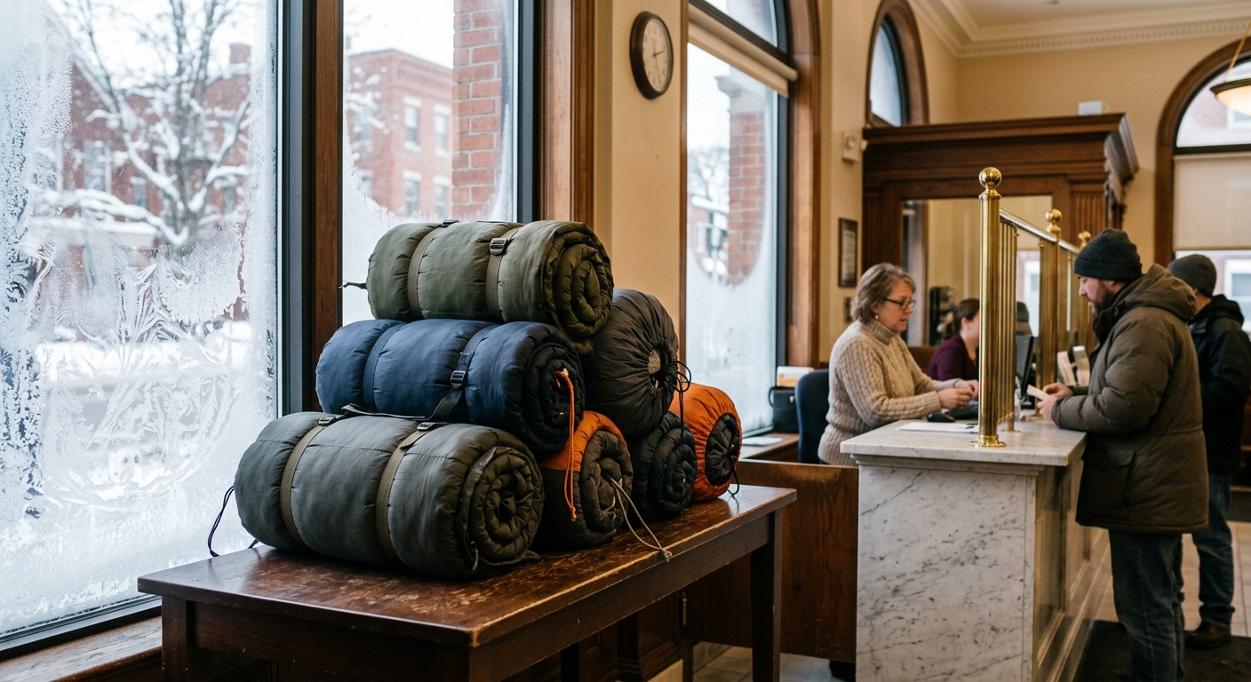 a stack of tightly rolled, heavy-duty winter sleeping bags collected on a table inside a classic community bank lobby, frost visible on the window panes indicat