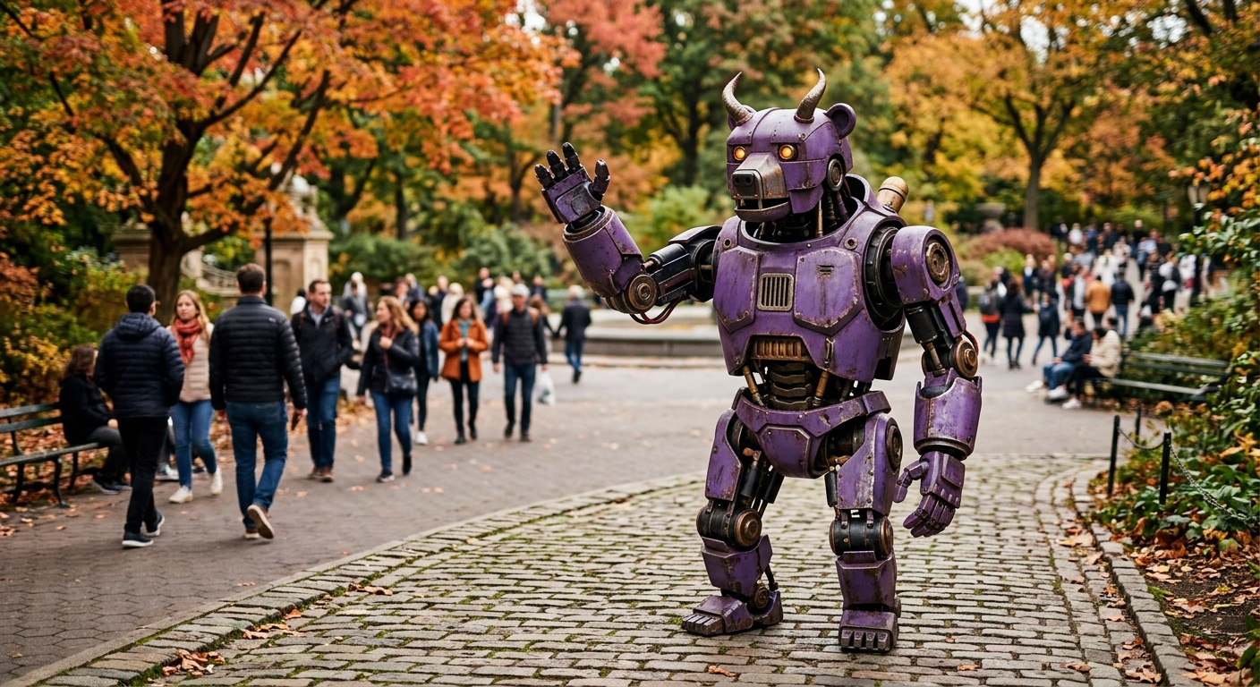 a mechanical, purple, bear-like robot with small horns standing on a brick walkway in a park surrounded by maple trees, waving its arm toward blurred pedestrian