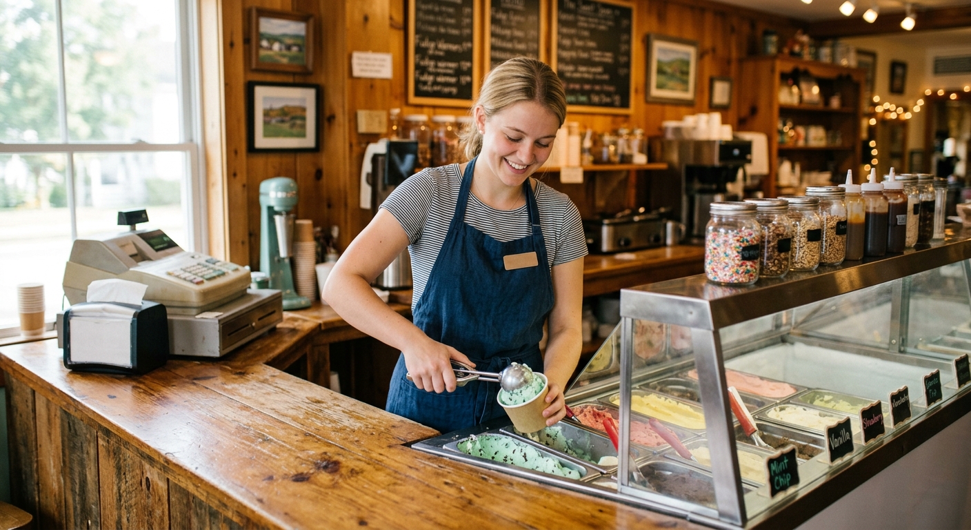 a young employee working behind the counter of a small-town ice cream parlor, holding a metal scoop over tubs of ice cream, featuring classic wooden counters an