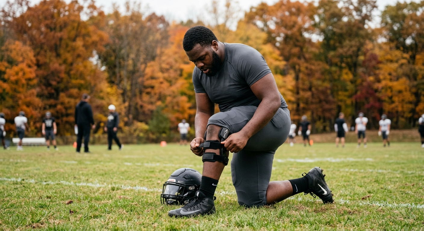 a heavy-set American football player in generic padded practice gear adjusting a knee brace on a grass training field bordered by autumn trees, natural everyday