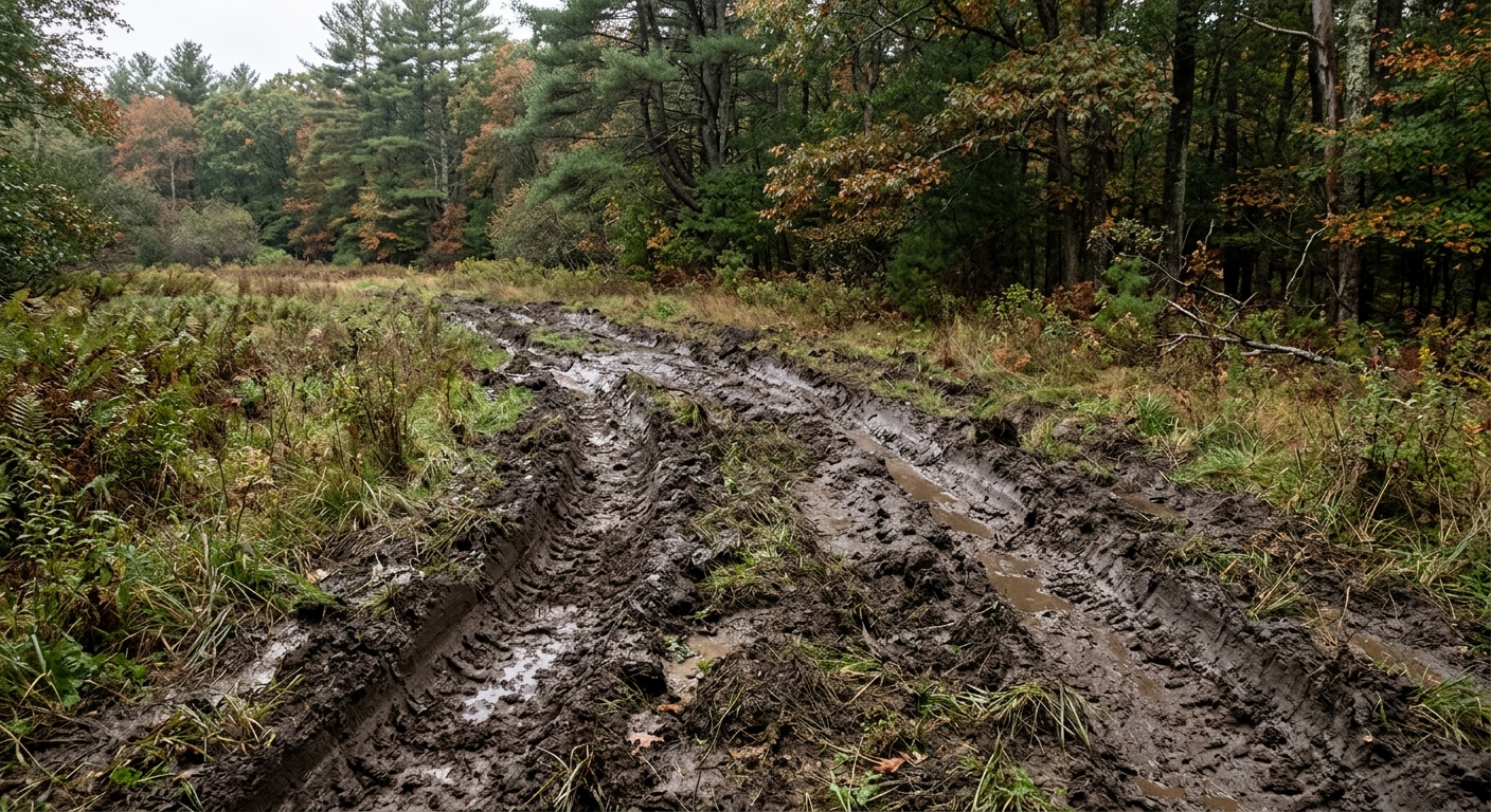 deep, muddy tire tracks from off-road vehicles tearing through a grassy conservation field, surrounded by typical New England pine and oak trees, natural everyd