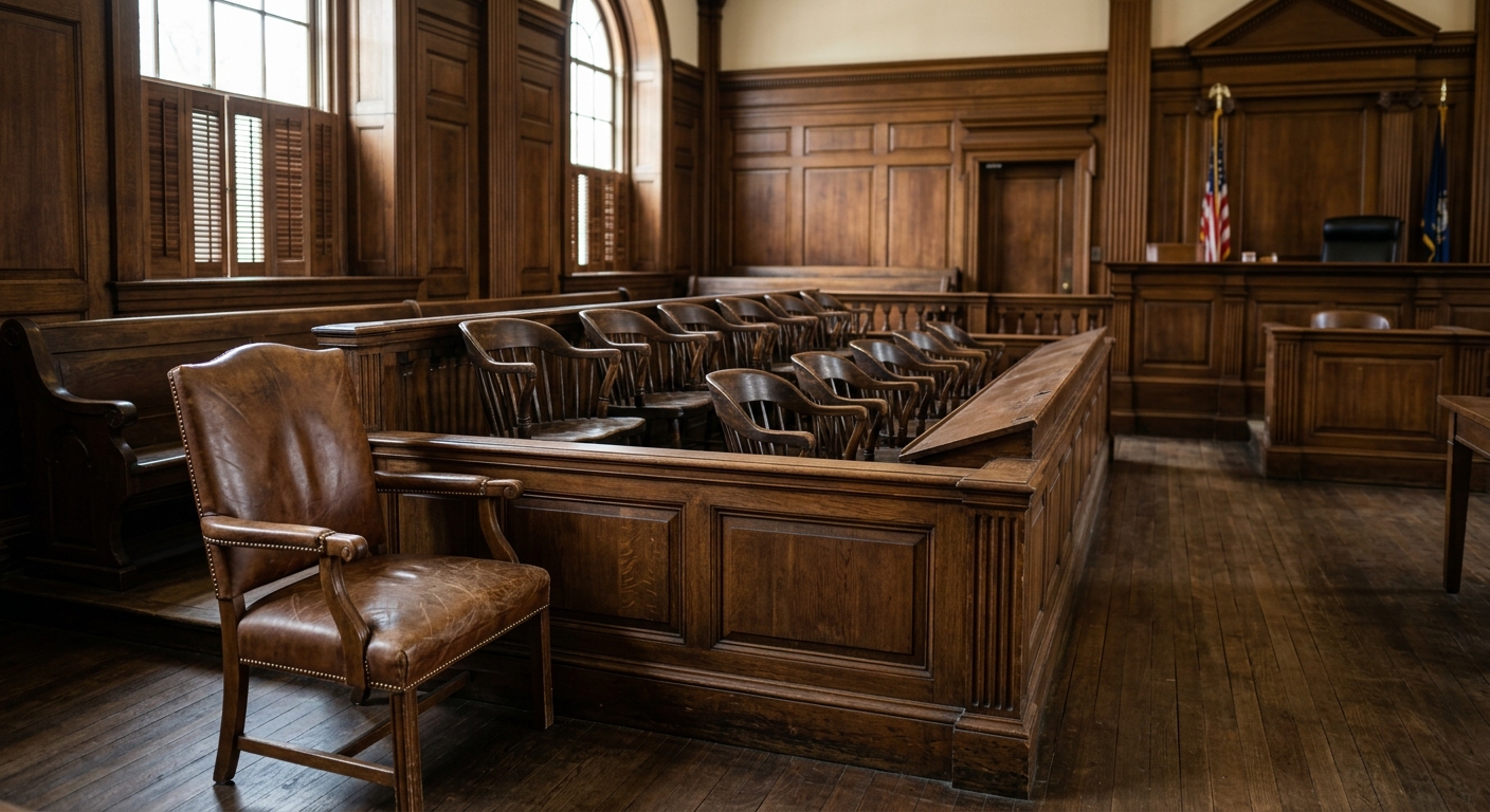 an empty wooden jury box in a traditional New England courtroom with dark oak paneling and a worn leather chair in the foreground, natural everyday lighting, sh