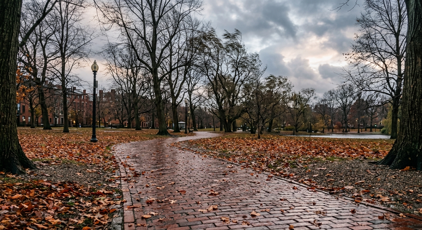 a wet brick pathway in a classic New England public park, scattered wet leaves on the ground, bare trees swaying in the wind under a transitioning cloudy sky, n