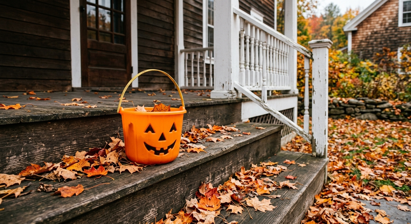 a brightly colored plastic Halloween trick-or-treat pail with a yellow handle, resting on the wooden steps of a traditional New England home surrounded by falle