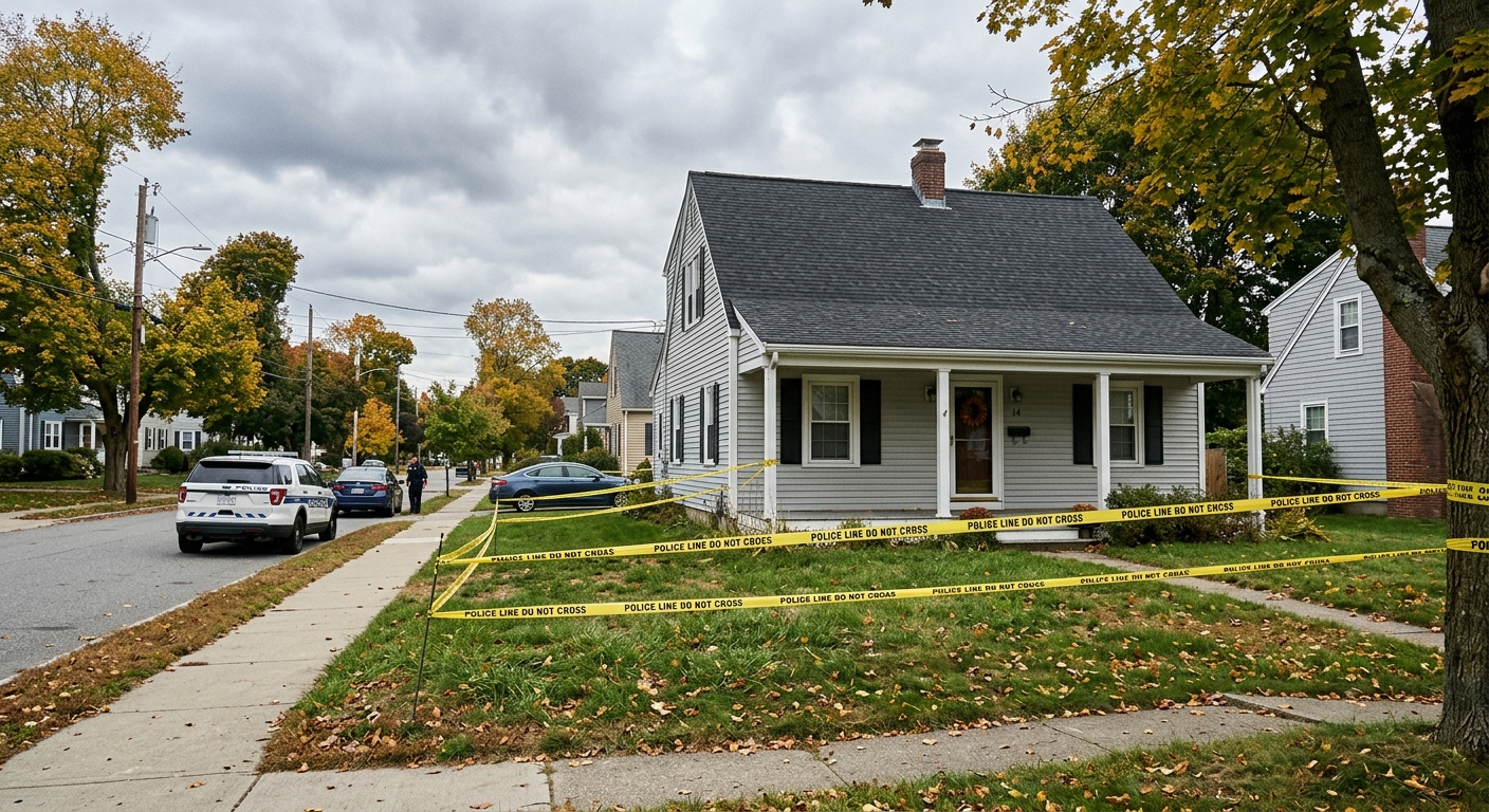 a typical New England suburban house partially obscured by yellow caution tape strung across the front lawn, a generic police cruiser parked in the background o