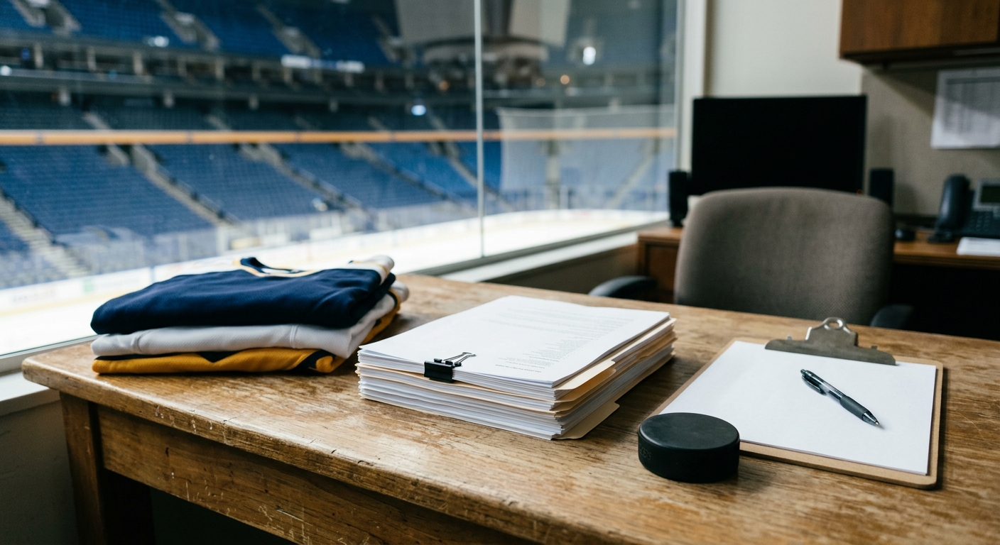 a wooden desk in a sports arena front office featuring a stack of printed files, a clipboard, a black hockey puck, and folded sports jerseys, with a blurred vie