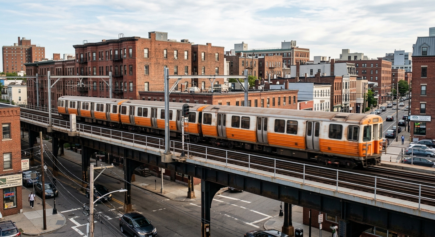 a subway train with orange exterior accents moving steadily along an outdoor elevated track, surrounded by brick buildings and urban transit infrastructure typi