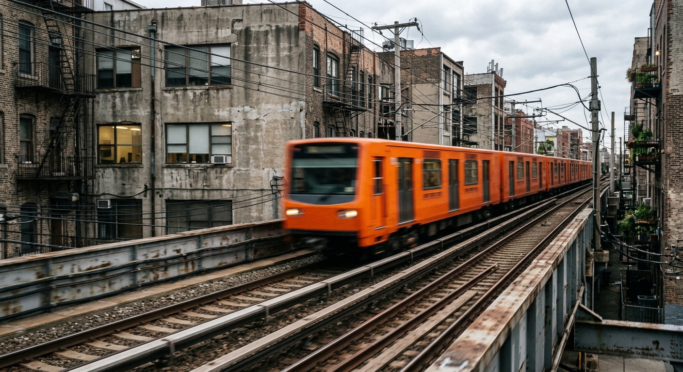 an orange public transit train moving swiftly along outdoor tracks through an urban corridor with weathered concrete and brick buildings in the background, blur
