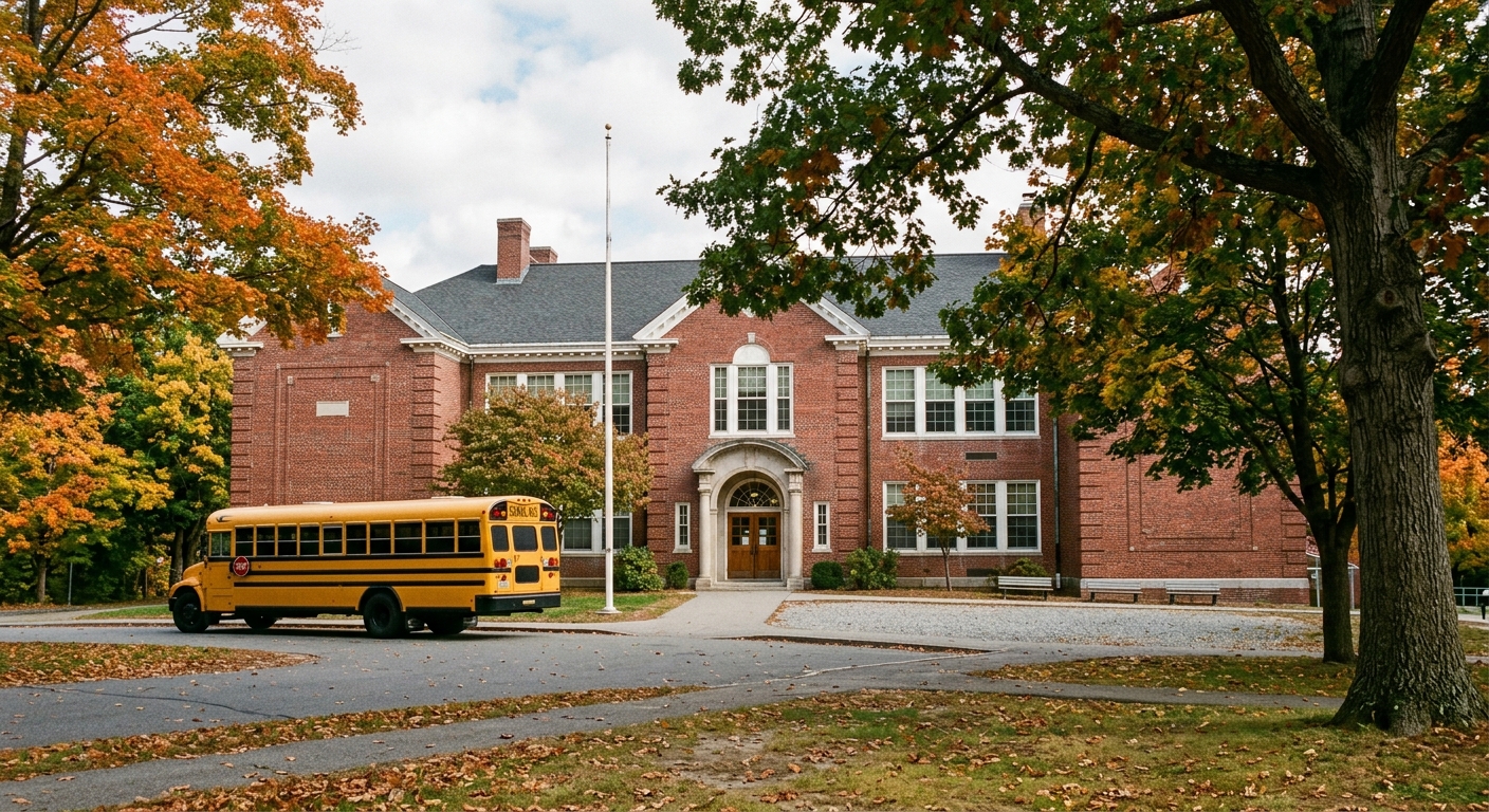 a classic red brick public school building typical of New England, surrounded by mature trees with early autumn foliage, an empty yellow school bus parked near