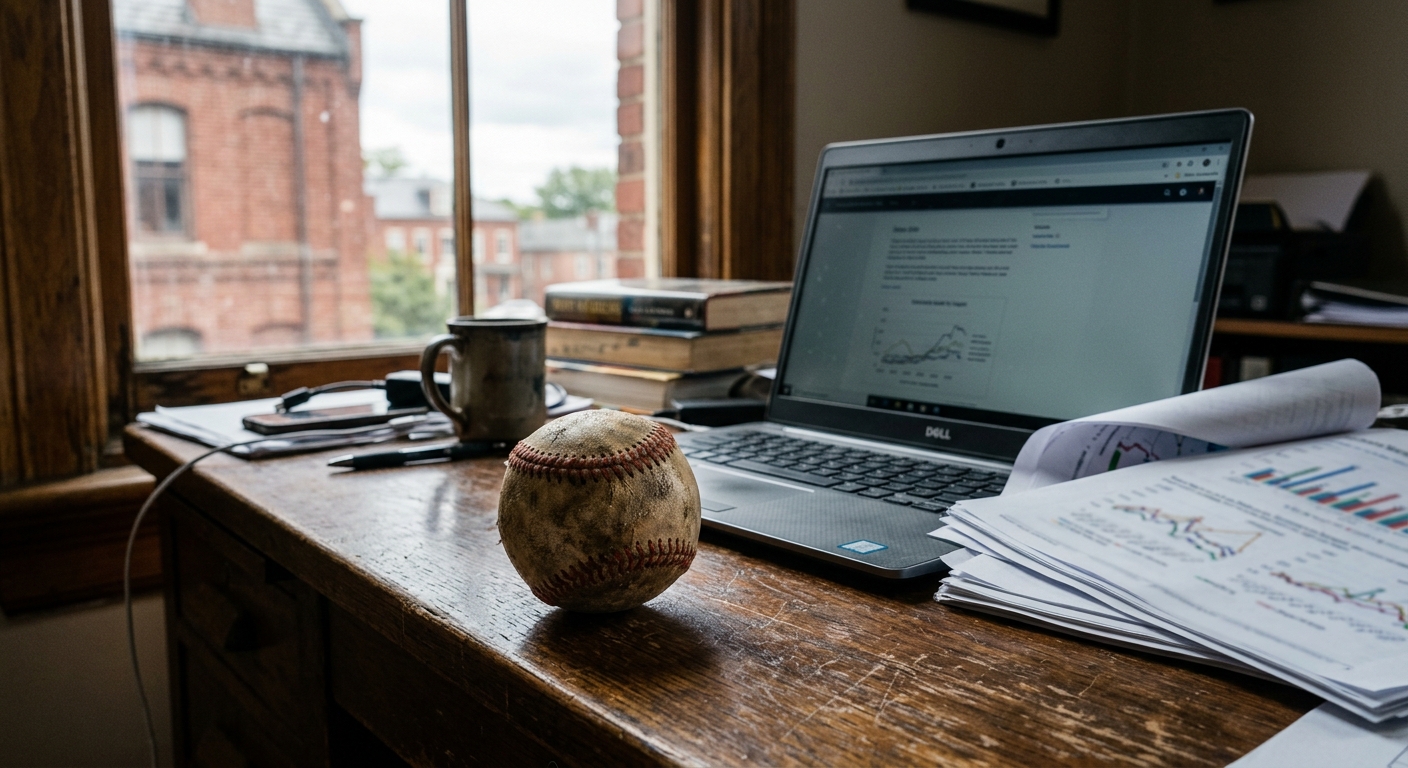 a weathered baseball resting on a cluttered wooden office desk next to an open laptop and blurred printed analytical charts, with out-of-focus historic brick ar