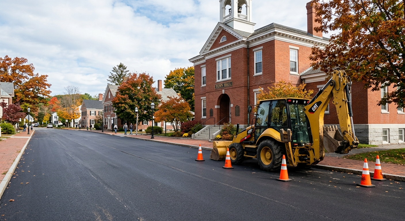 a freshly paved local road with orange construction cones and a parked yellow backhoe next to a classic red-brick town hall building in a New England town, natu