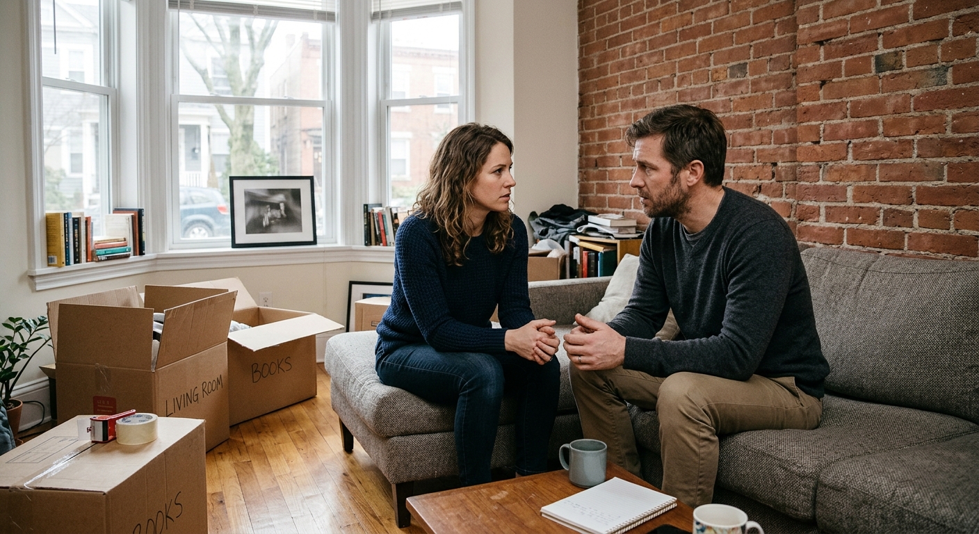 a man and a woman sitting on a sofa in an apartment living room with a bay window and exposed brick wall, having a tense and serious conversation, a few cardboa