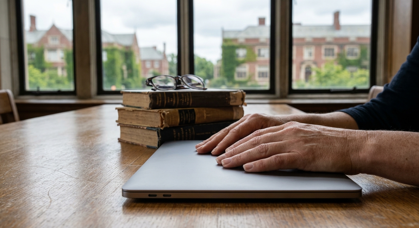 a person's hands resting quietly on a closed silver laptop next to a stack of thick, worn hardback books on a long wooden library table, with an out-of-focus vi