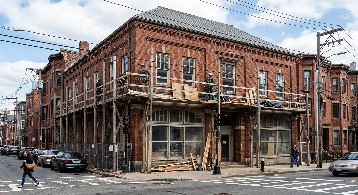 a two-story brick community building under renovation on an urban street corner, featuring large ground-floor windows and wooden scaffolding, typical of a histo