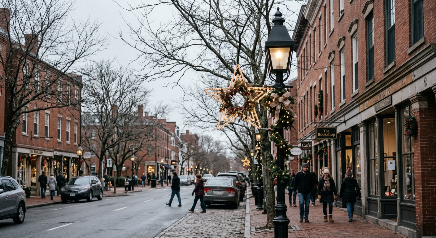 a decorated street lamp featuring a large star ornament on a historic downtown street in a New England town, surrounded by brick storefronts and bare winter tre