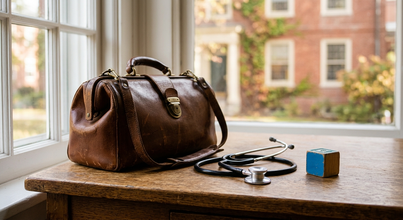 a silver stethoscope resting beside a vintage leather medical bag and a child's small wooden block toy on a solid oak desk, with a softly out-of-focus classic r