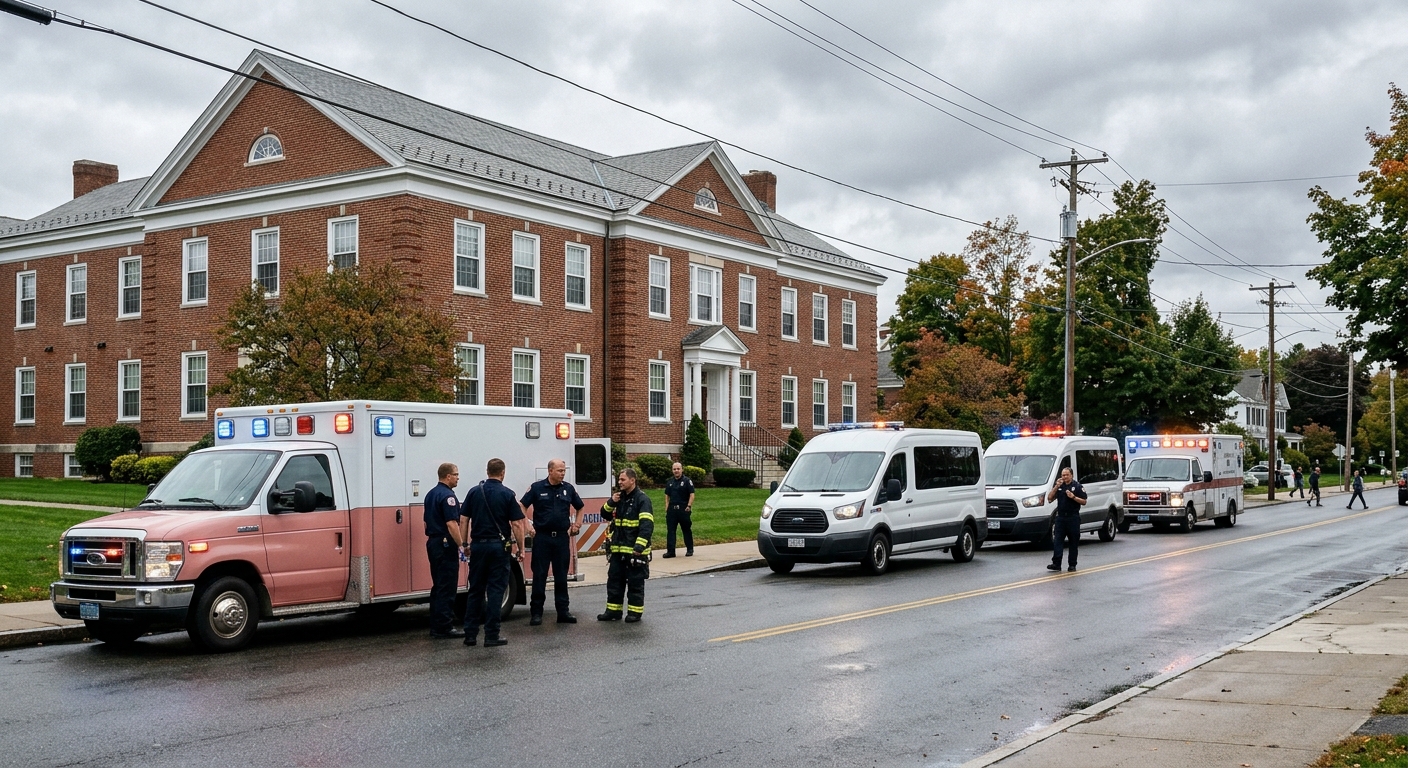 several ambulances and white transport vans parked along a street in front of a large, traditional brick building with white trim, emergency lights flashing sof