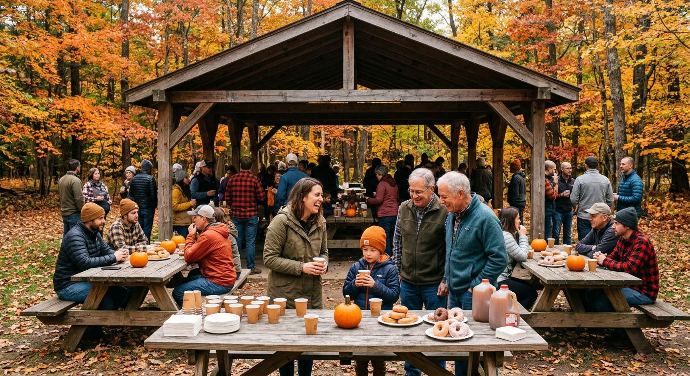 a community autumn event at a wooden park pavilion surrounded by New England fall foliage, featuring wooden picnic tables covered with small sugar pumpkins, pap