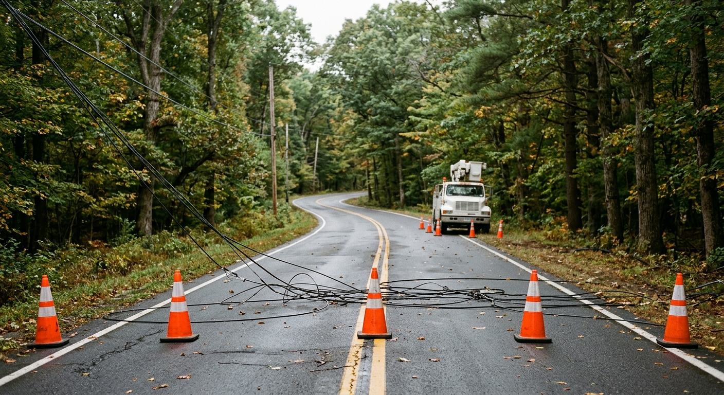 downed electrical wires lying across a two-lane asphalt road lined with trees, blocked off by orange traffic cones and a utility bucket truck parked in the dist